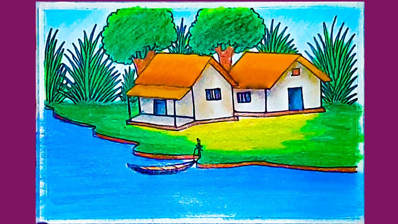 How to draw riverside village scenery with oil pastel color ( part 1)