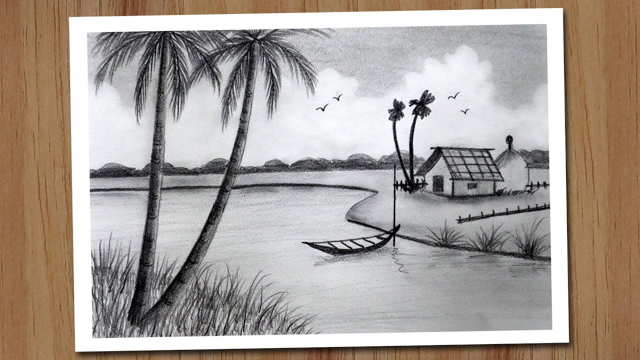 How to draw village scenery with pencil step by step, Pencil drawing for beginners