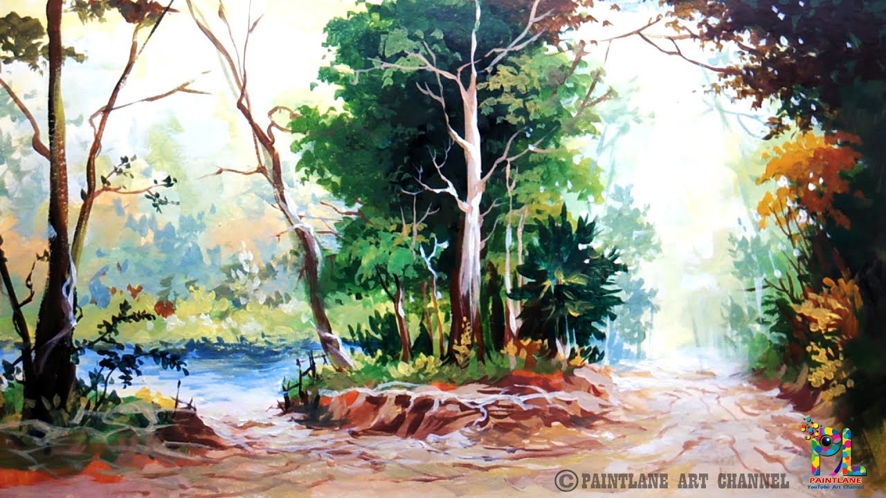 Learn How to Paint A Forest Landscape with Acrylic Colors | Very Easy Brush Strokes | Step by Step