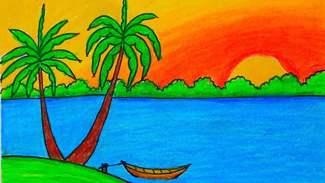 River side scenery drawing (very easy) how to draw easy scenery with oil pastel