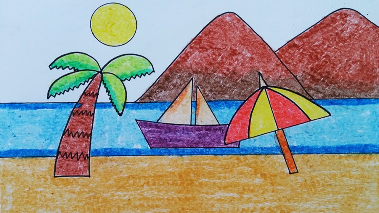 Summer beach drawing for kids and beginners| beach easy drawing