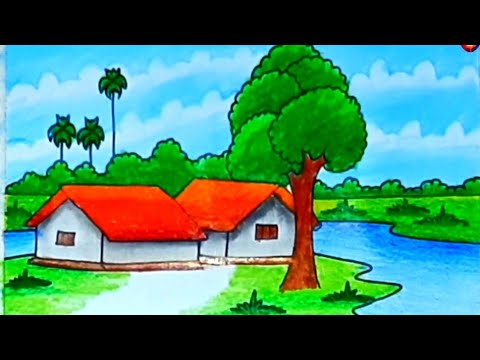 VILLAGE SCENERY DRAWING WITH LANDSCAPE