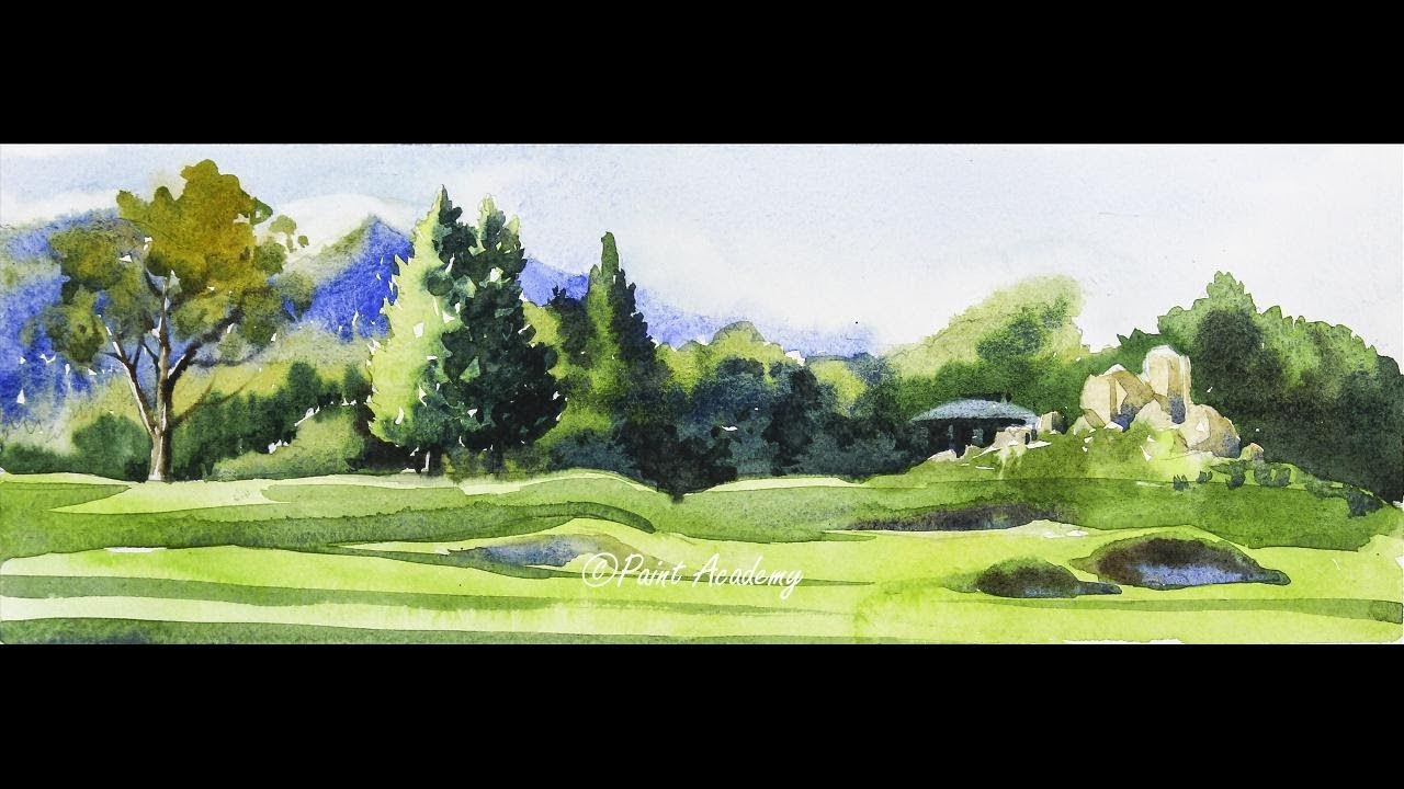 Watercolor Panoramic Landscape | Mountains, Trees, Valley Watercolor Technique