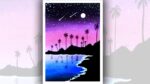 easy moonlight scenery painting with oil pastels, Sea beach scenery drawing