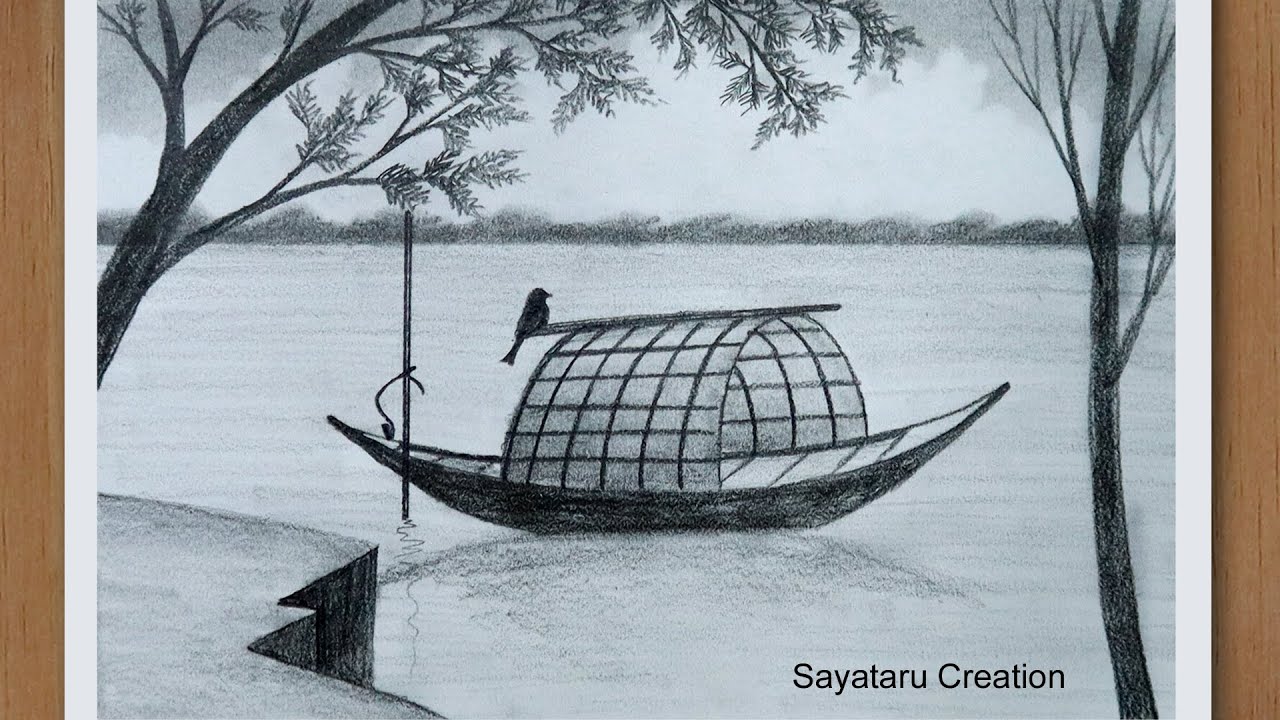 how to draw a scenery boat in river step by step with pencil - Pencil drawing for beginners