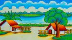 how to draw beautiful village landscape scenery drawing with oil pastel color step by step