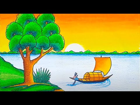 how to draw riverside village scenery step by step sunset drawing with oil pastels