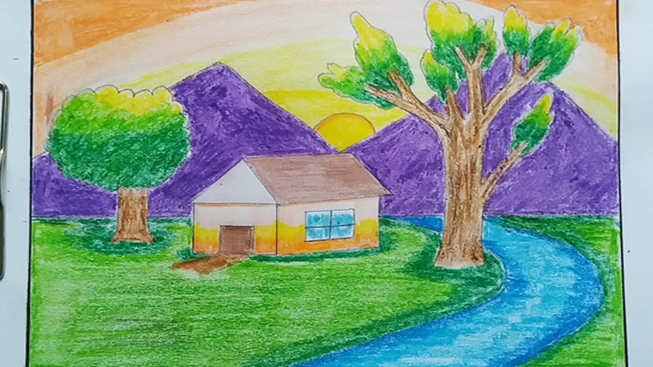 Amazing landscape drawing for kids video| Beautiful house and nature drawing