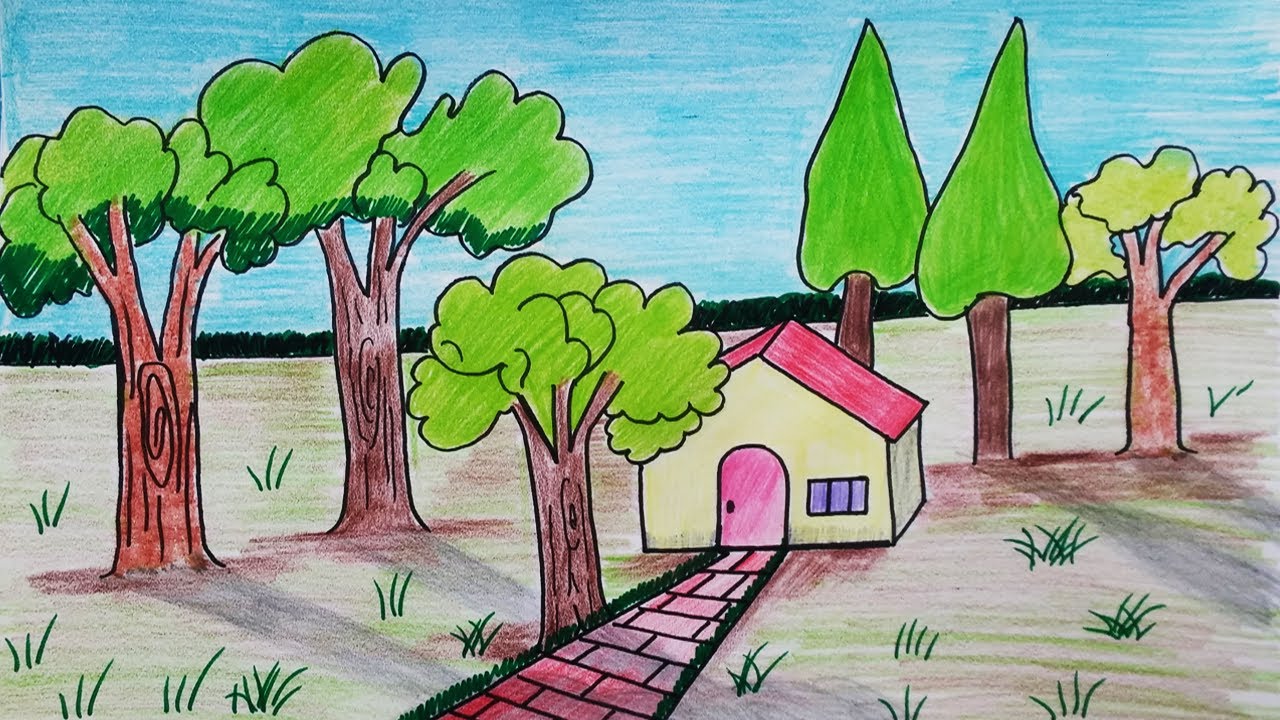Beautiful simple scenery drawing with marker house Sketch color for kids| How to draw nature