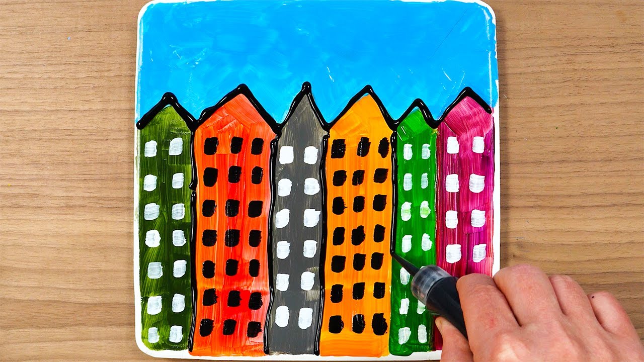 Colorful Houses #4 |  Easy Acrylic Painting Techniques With Squeeze Bottles | ASMR