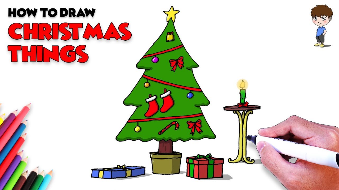 How to Draw Christmas Things Coloring Pages | Christmas Tree, a Candle and Gifts Drawing Easy