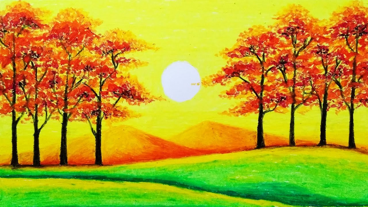 How to Draw Scenery of Sunset in Autumn Forest | Easy Sunset Scenery Drawing Step by Step