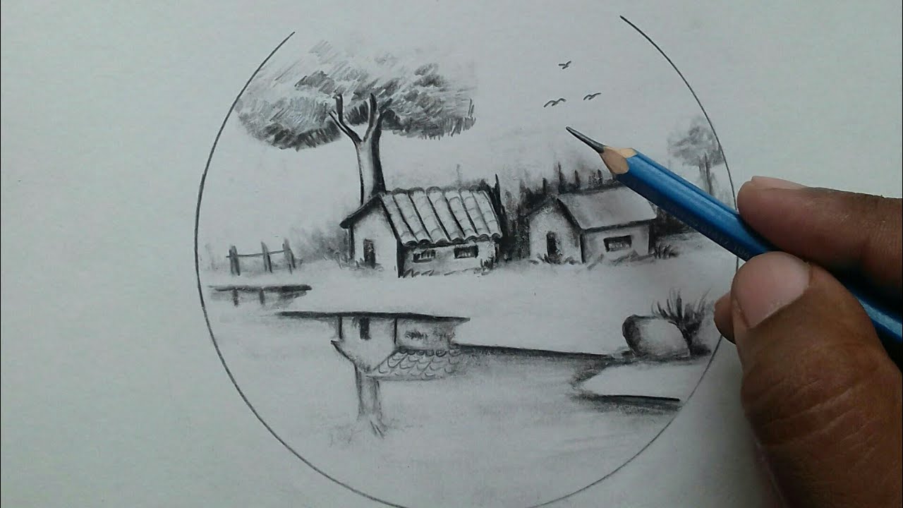 How to Draw Village Scenery Drawing step by step / Village Scene Sketch