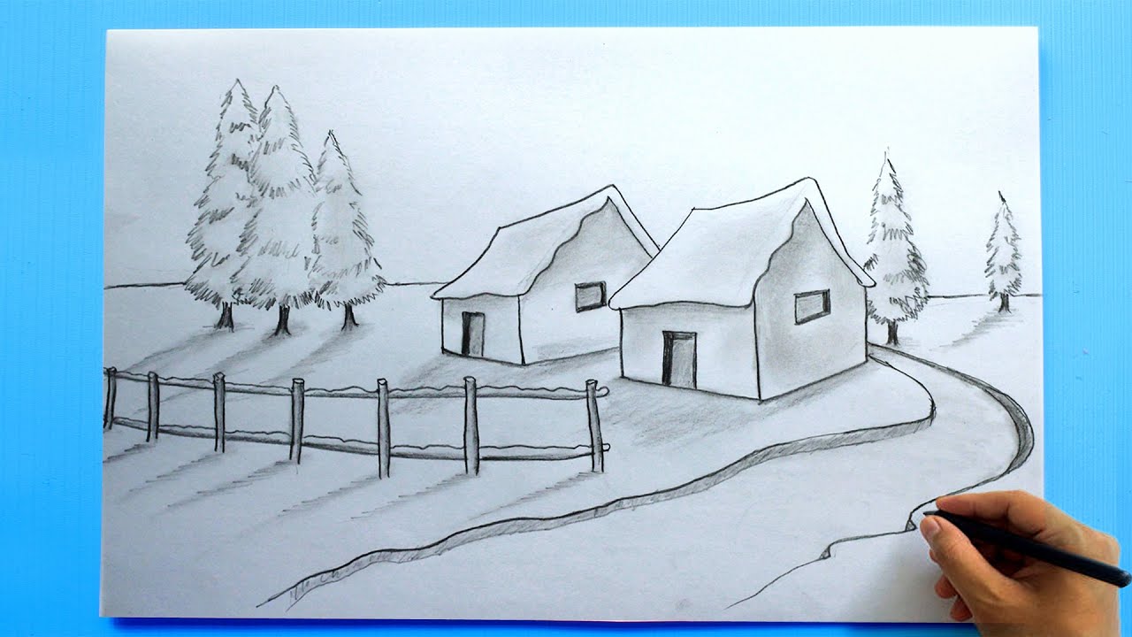 How to Draw Winter Landscape -  Easy Scenery Drawing - Pencil Drawings 2021