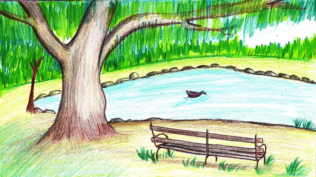 How to Draw a Bench under Tree Scenery Step by Step - very easy