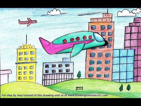 How to Draw a Plane flying in City Step by Step - very easy