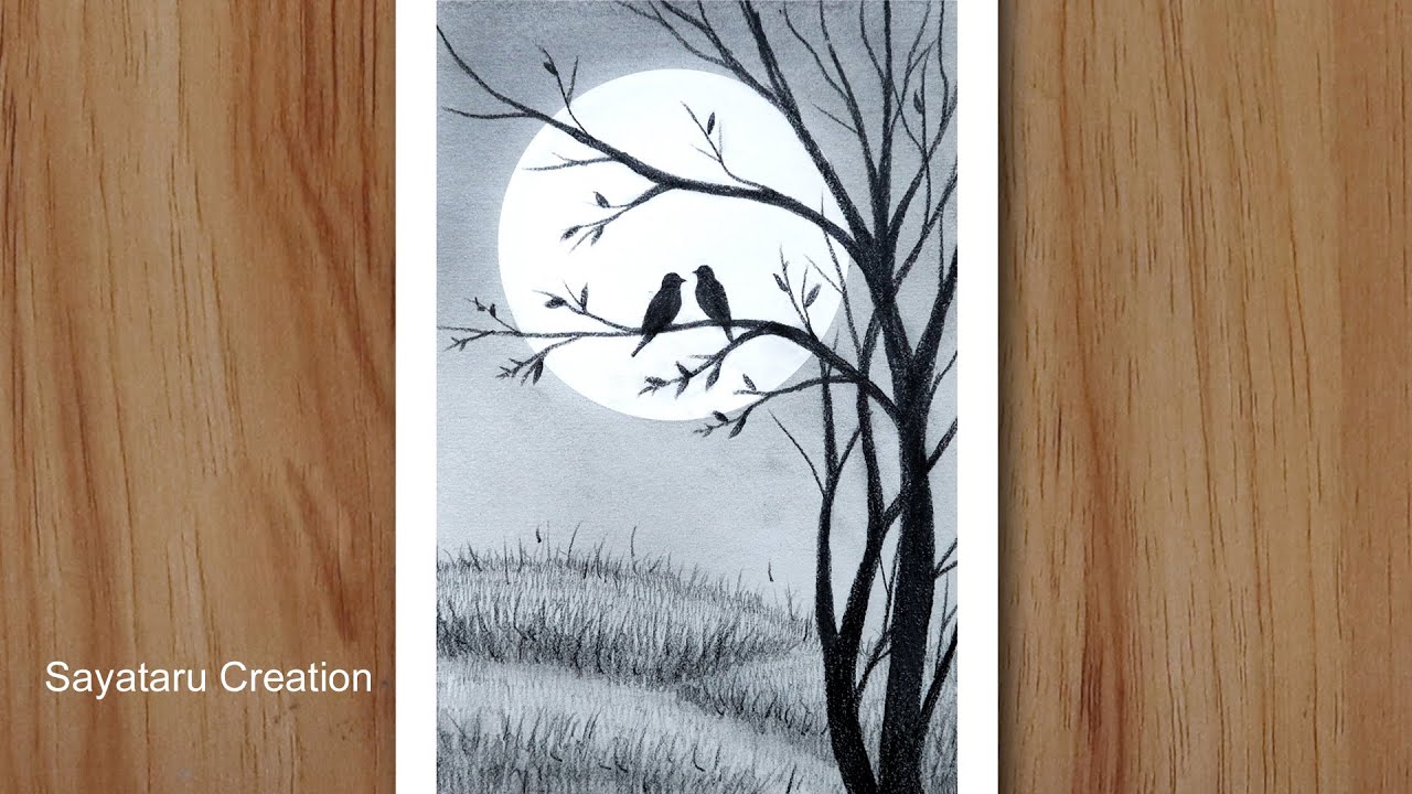 How to draw Love birds in Moonlight with pencil, Easy Pencil Sketch Drawing 2021