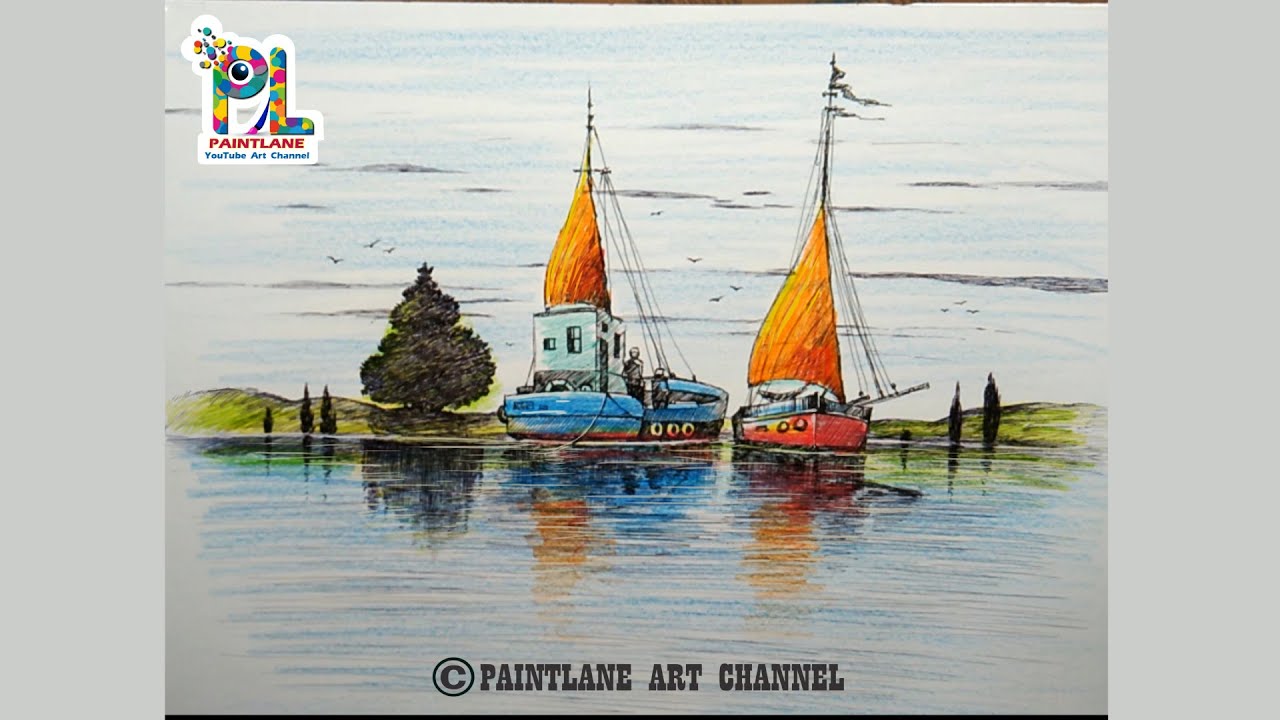 How to draw Seascape Scenery With Pen and Color Pencils | Color Pencil Art