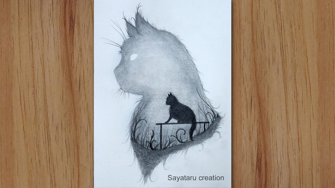 How to draw a scenery of cat with pencil step by step, double exposure pencil drawing for beginners