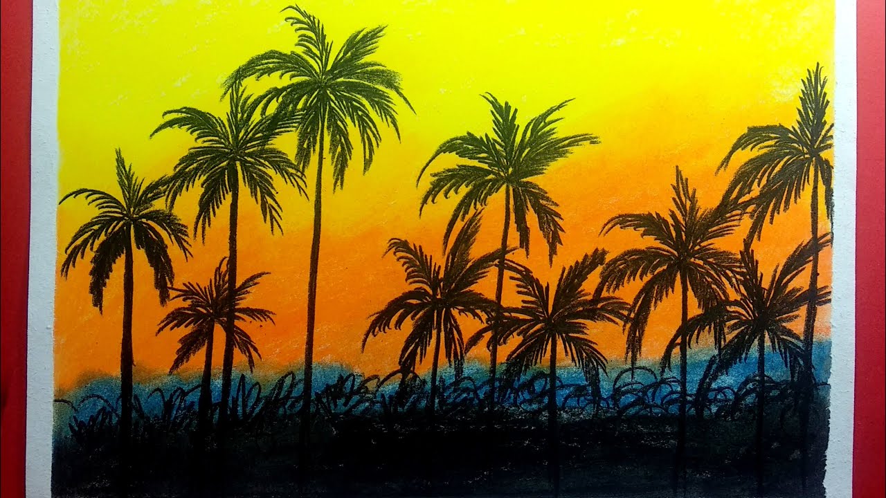 How to draw a sunset scenery with oil pastels - Step by Step