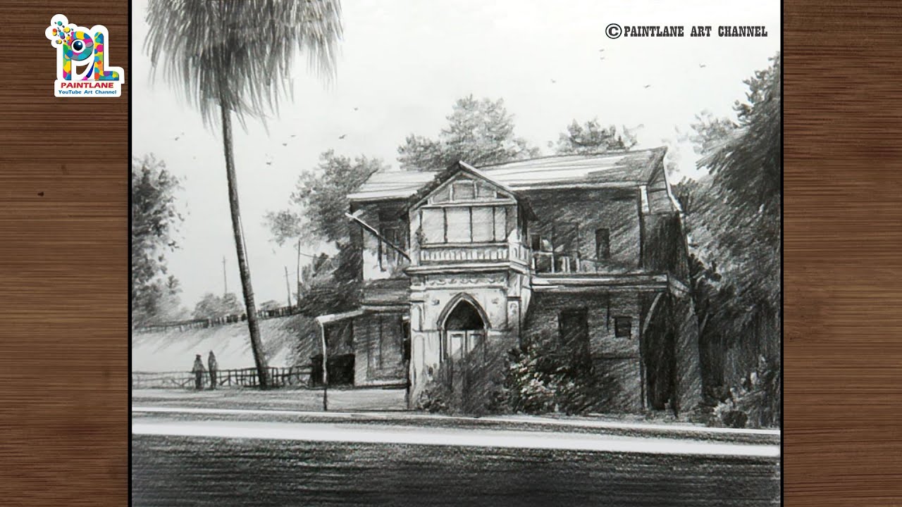 How to draw old house in a street landscape with pencil || Pencil drawing and shading