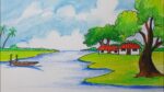How to draw riverside village scenery drawing with oil pastel / Oil pastel drawing for beginners
