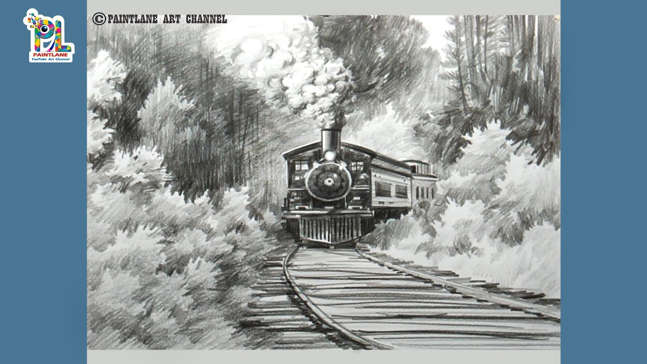 How to draw train in the forest scenery art with step by step pencil art || Landscape art
