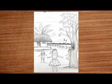 How to draw village scenery | pencil sketch of a village | Children are playing in a village scenery
