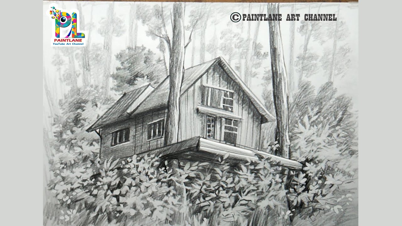 How to draw wooden cabin in the forest step by step pencil shading // Pencil sketch