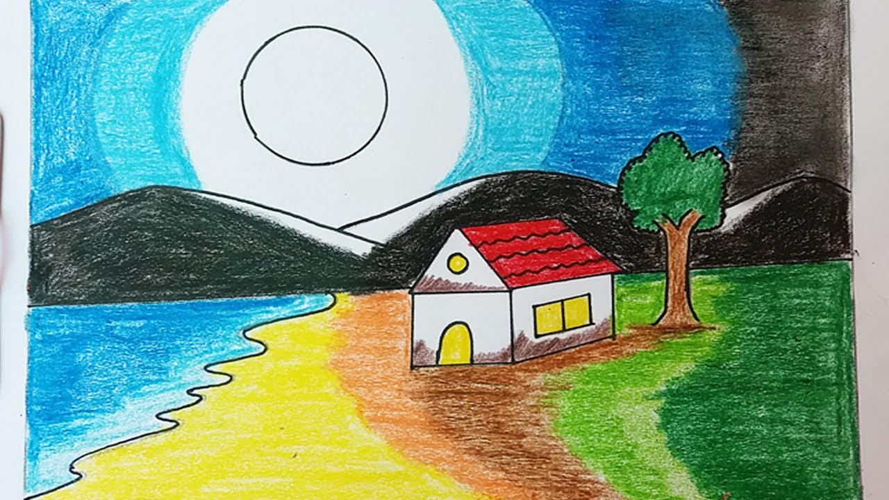 Nice landscape drawing for kids| Moon day house and nature drawing