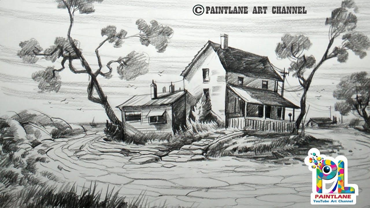 Scenery Drawing With Old Wooden Houses On Uplands With Pencil