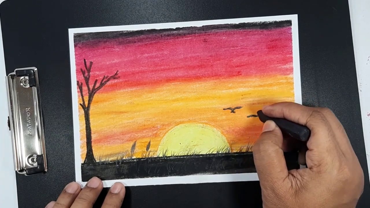 Simple Scenery Drawing with Oil Pastels - Easy Drawing For Beginner