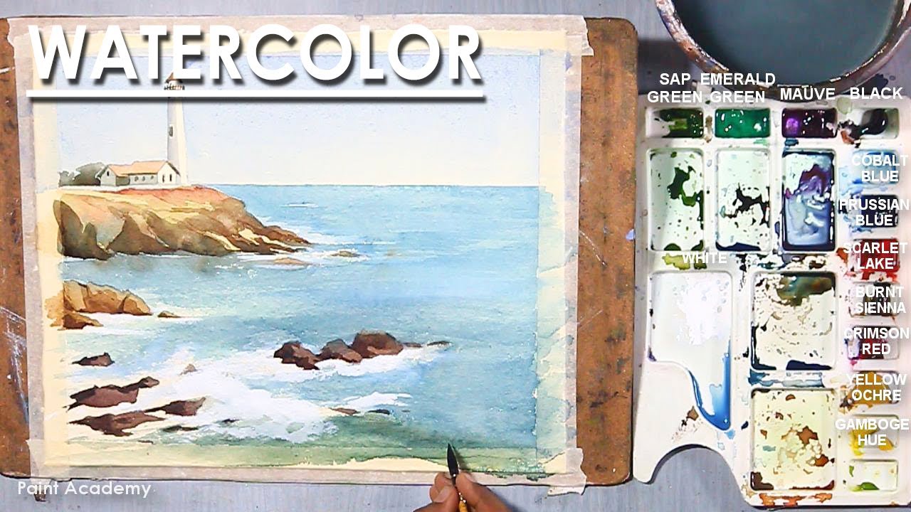 Watercolor Composition : The Light house | Watercolor Seascape Painting