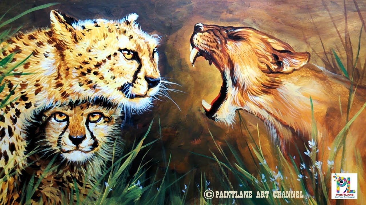 Wild Animals female Lion and Cheetah Painting With Acrylic On Canvas