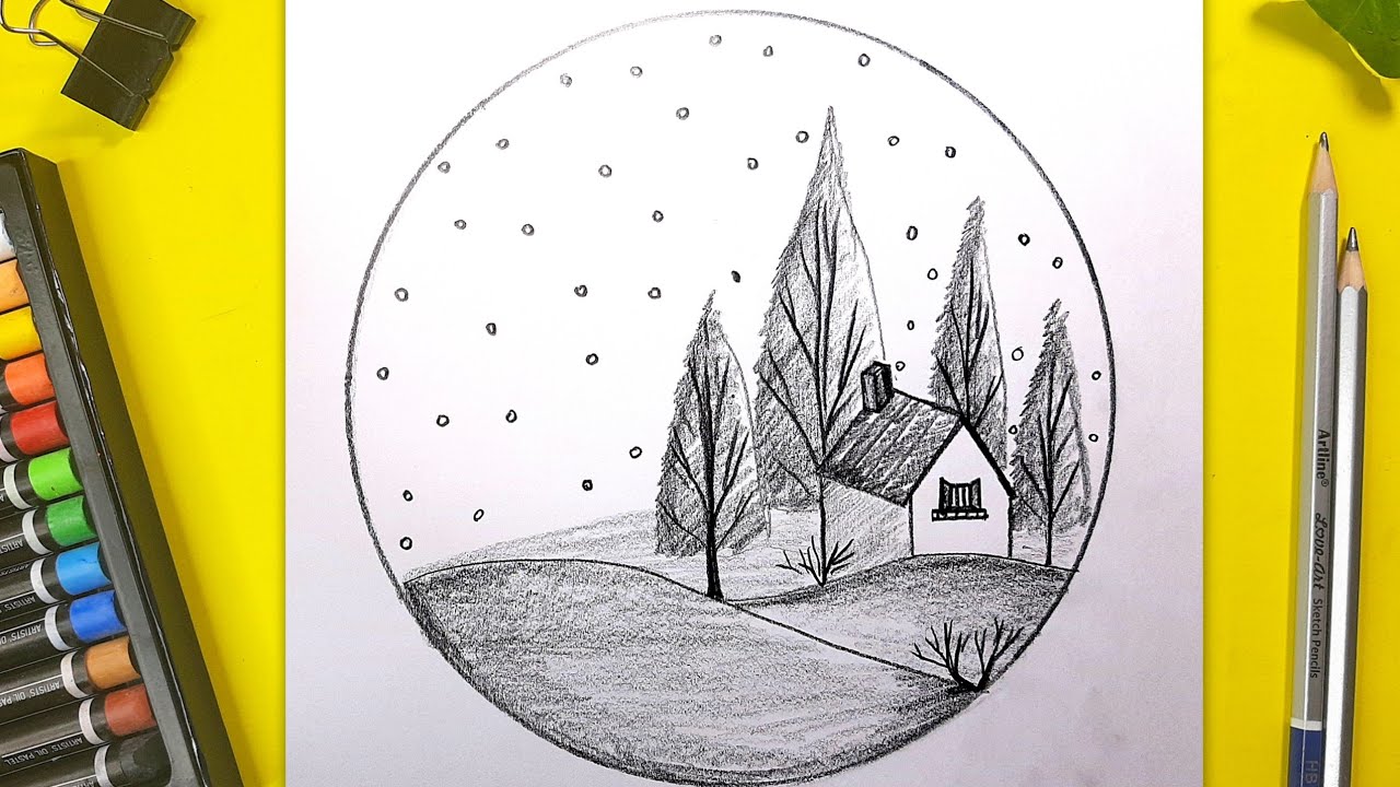 How to draw a easy scenery | pencil sketch scenery drawing ideas - Christmas scenery drawing