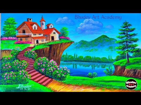 Beautiful Mountain Village Scenery Painting|Beautiful Mountain Landscape Painting With Earthcolour