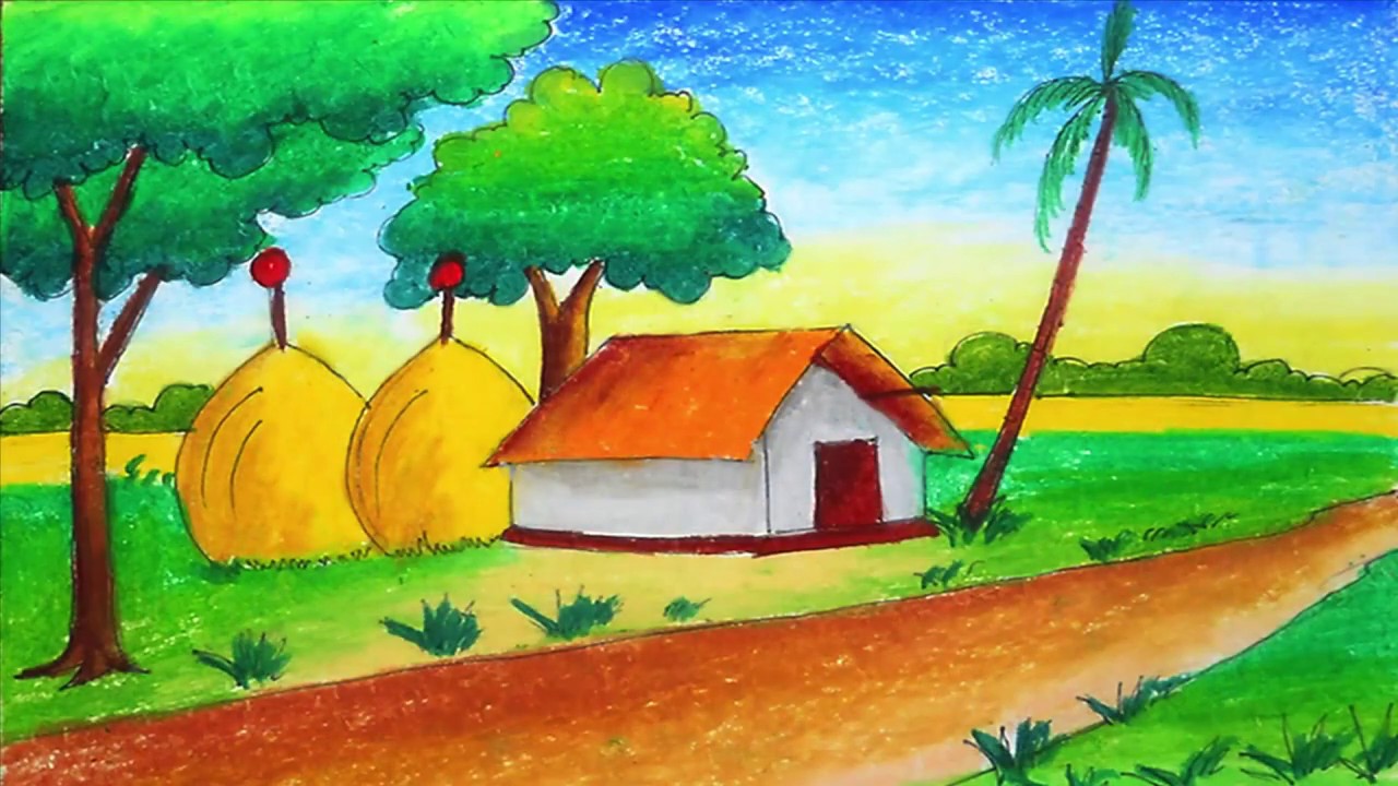 Beautiful village scenery coloring easy and simple