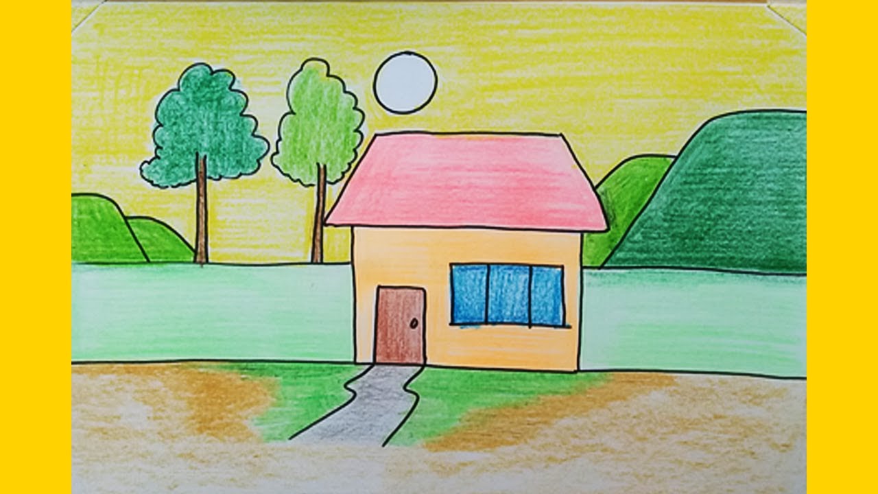 Easy landscape drawing for kids simple method | House and nature drawing