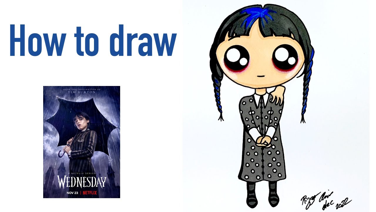 How to Draw Cute Wednesday Addams from Netflix Series EASY  by Happy Drawings