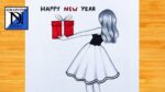 How to draw Happy new year Girl with Gift || Easy pencil drawing || happy new year 2022 drawing
