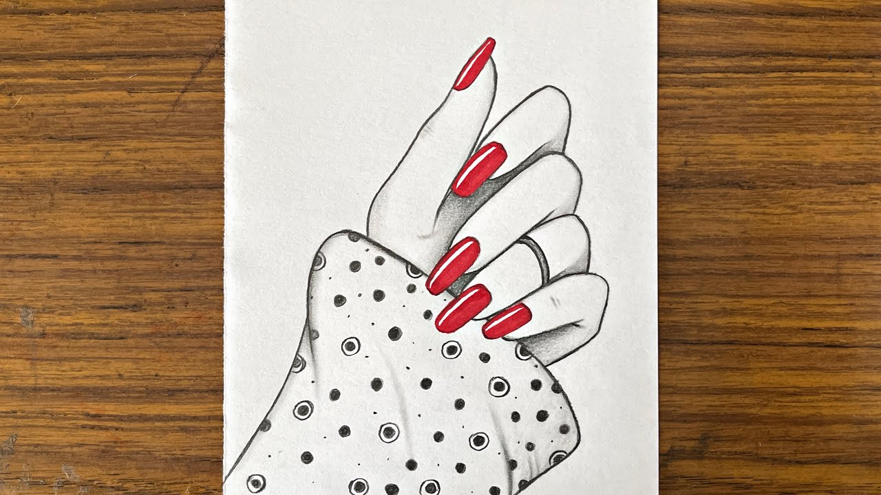 How to draw a girl hand with red nail polish || Step by step drawing tutorial || Pencil sketch