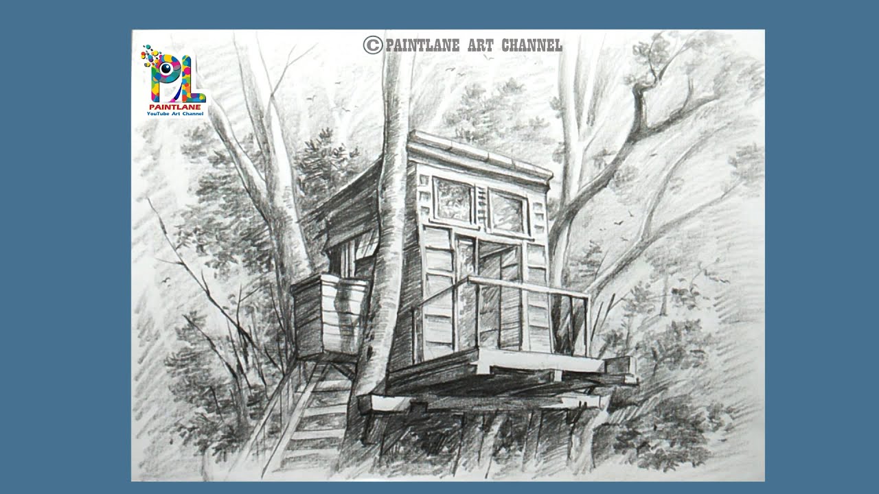 How to draw cabin on a tree step by step pencil art // How to draw scenery art
