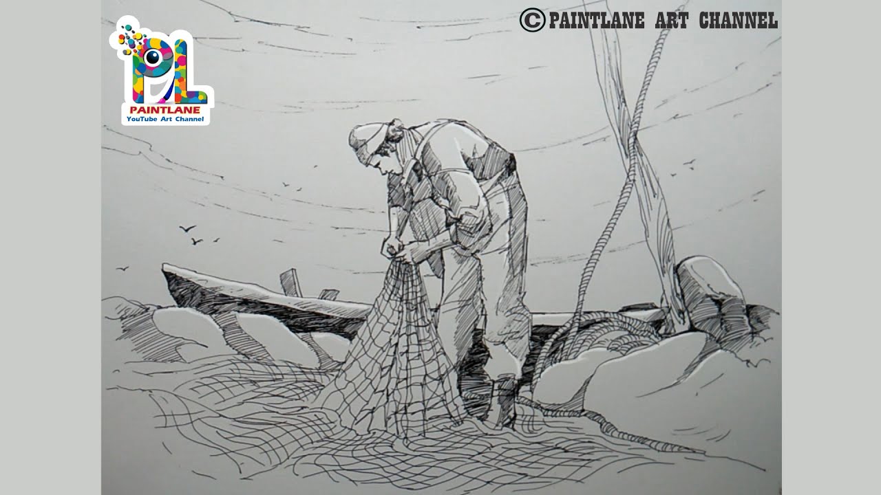 Pen Drawing Working Fisher Man || Easy Pen Sketching