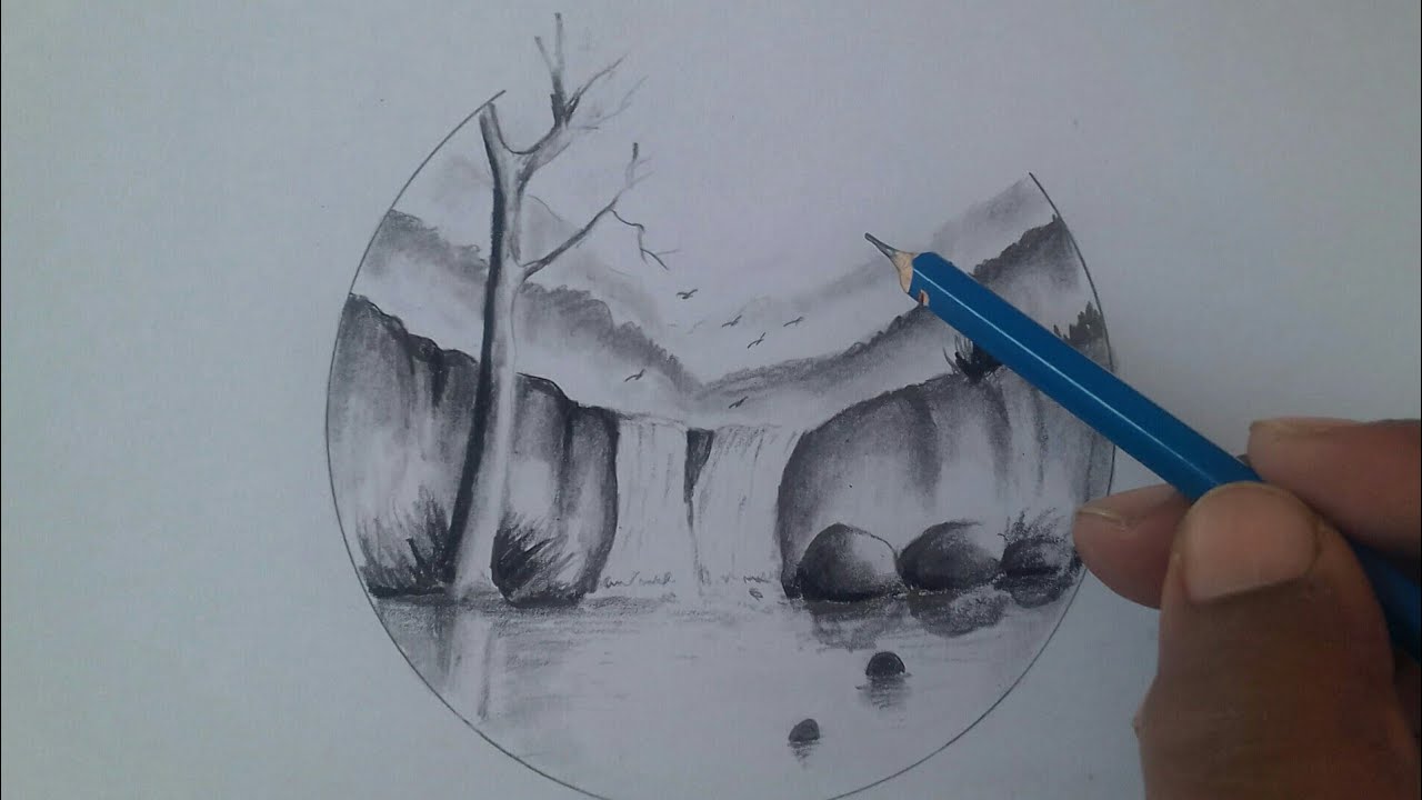 Waterfall drawing scenery easy step by step / for beginners
