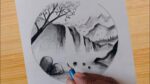 how to draw beautiful waterfall drawing with pencil / scenery drawing for beginners