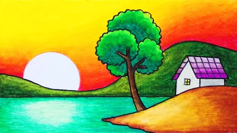 Drawing Sunset Scenery In The Lake For Beginners With Oil Pastel | How To Draw Easy Scenery