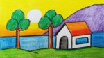 Easy landscape drawing for kids and beginners| House and nature drawing