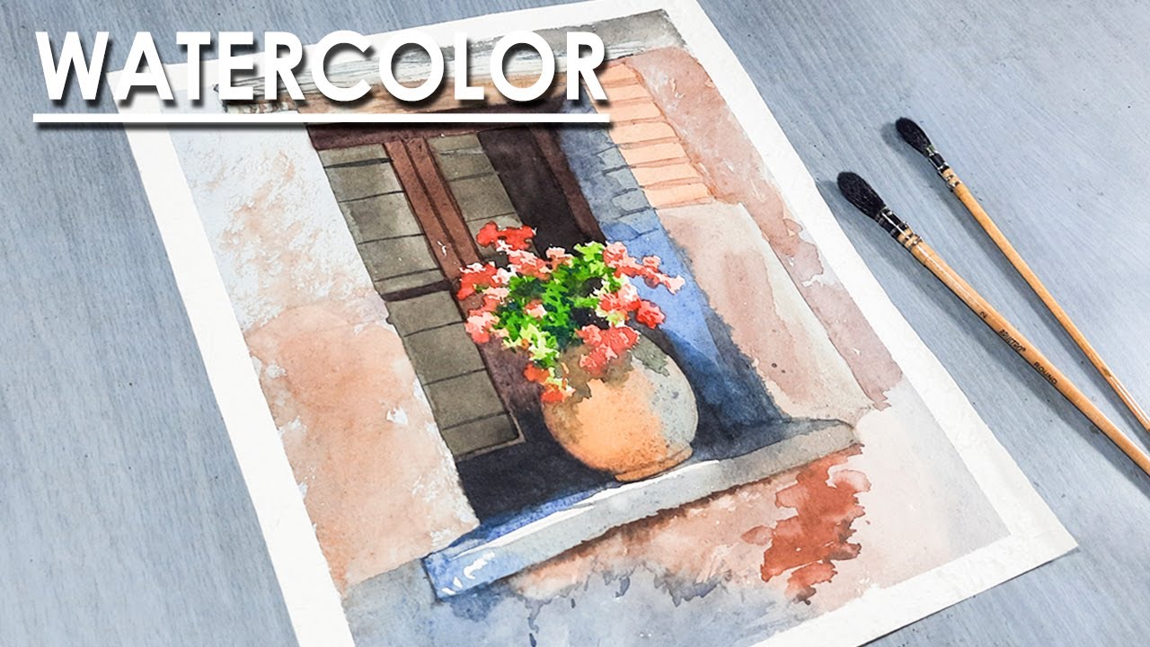 Flower Vase in Window - Watercolor Composition | step by step coloring