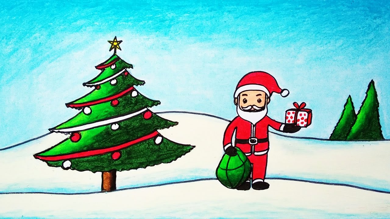 How to Draw Santa Claus and Christmas | Gifts Merry Christmas Scenery Drawing With Oil Pastel