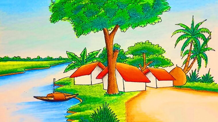 How to draw easy scenery drawing with oil pastel |draw-nature landscape village scenery easy drawing